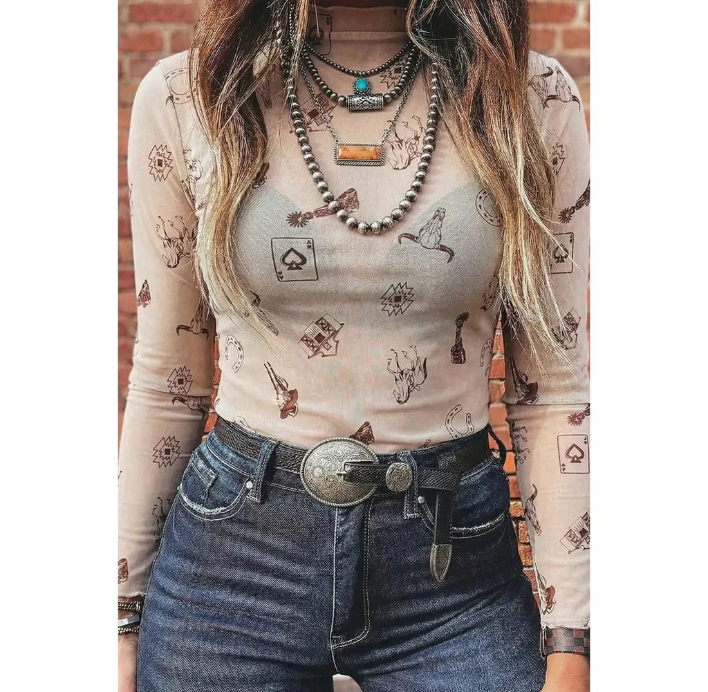 Western Slim Fit Floral Mesh Long Sleeve