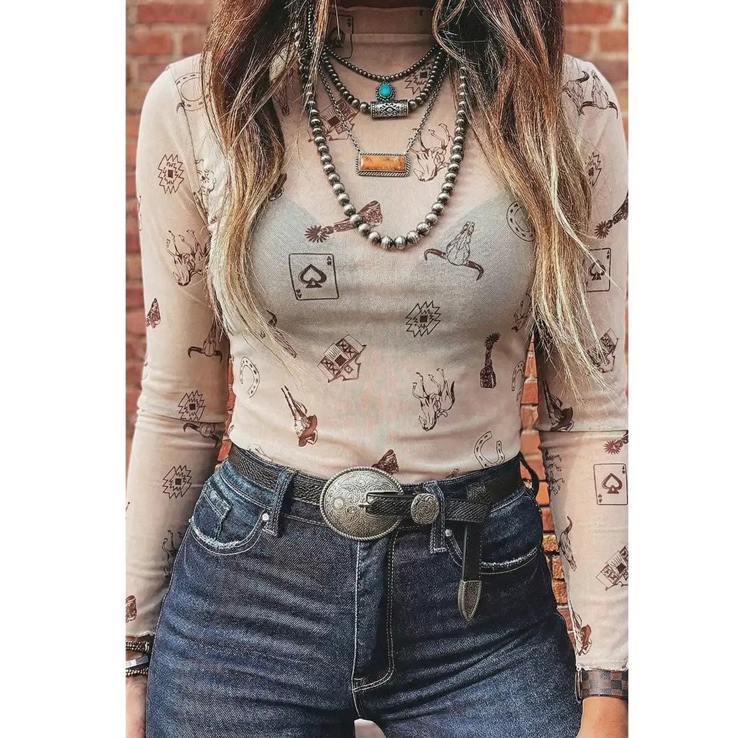 Western Slim Fit Floral Mesh Long Sleeve